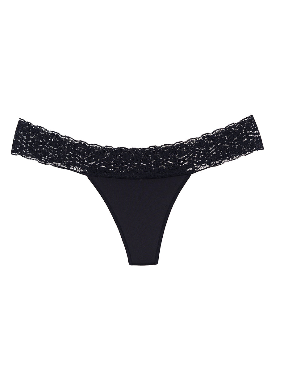 Microfiber and Lace Thong Panty - Black